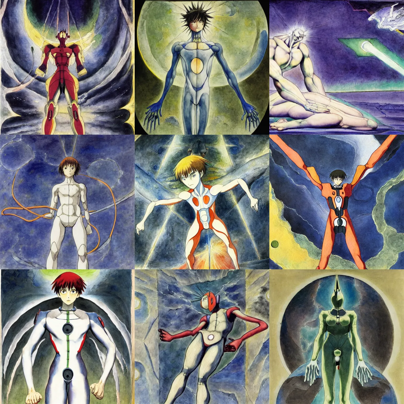 Prompt: end of evangelion, watercolor painting of a plugsuit, painted by william blake, 1 8 5 6.