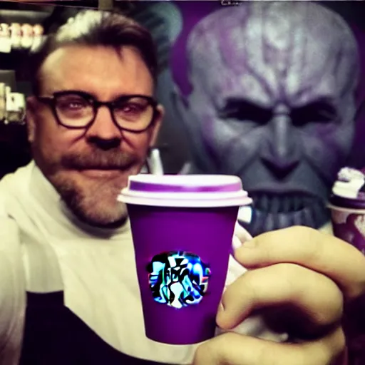 Image similar to thanos as a starbucks barista