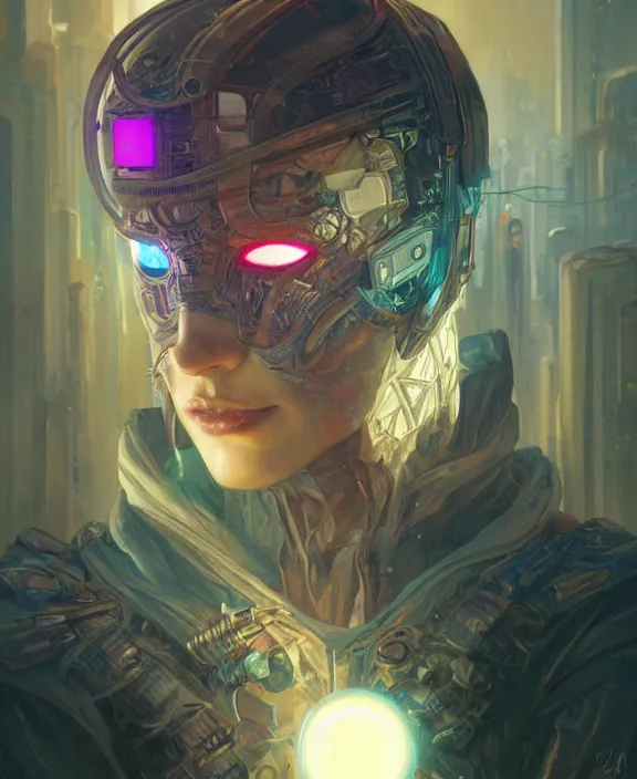 Image similar to portrait of a cyberpunk masked evil, half body, glowin eyes, d & d, fantasy, intricate, elegant, highly detailed, colorful, vivid color, digital painting, artstation, concept art, art by artgerm and greg rutkowski and alphonse mucha and ruan jia