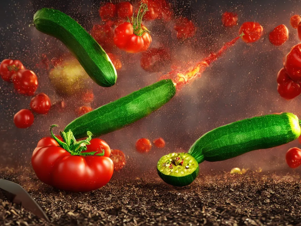 Image similar to highly detailed 3 d render of a raging zucchini character, burning scissors, running down a dirt road, scared tomates scattered everywhere, high speed action, explosions, dramatic scene, hyper realistic octane render, cinematic lighting, tomato splatter, deviantart, black sky, lowbrow, surrealism, frame from pixar movie