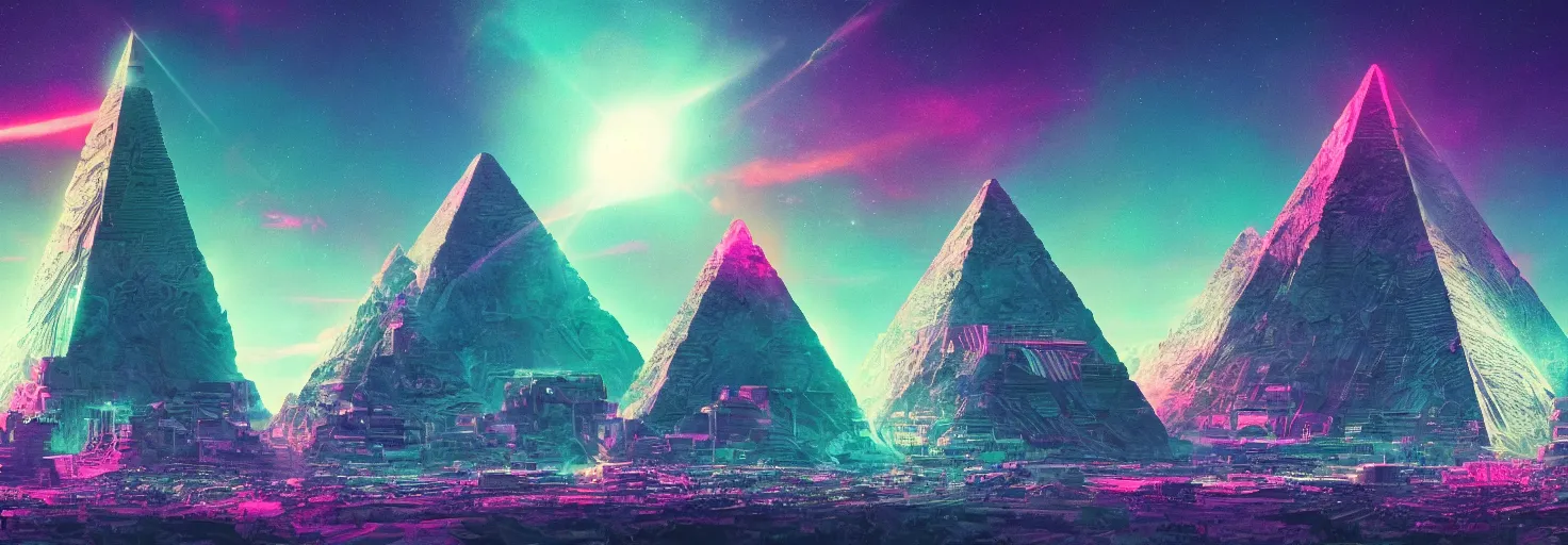 Image similar to Ultra High Definition, Synthwave desktop wallpaper, 8k, ultrawide, sharp focus, accurate and detailed, shamanic alien pyramids