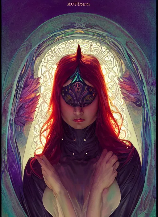 Image similar to book cover, front portrait, dark witch with black hood and evil eyes, realism, soft, smooth, luminescent, art nouveau tarot, backlit glow, colorful swirly ripples, gaudy colors, aesthetic octane render, unreal engine, 8 k, by artgerm, greg rutkowski, alphonse mucha