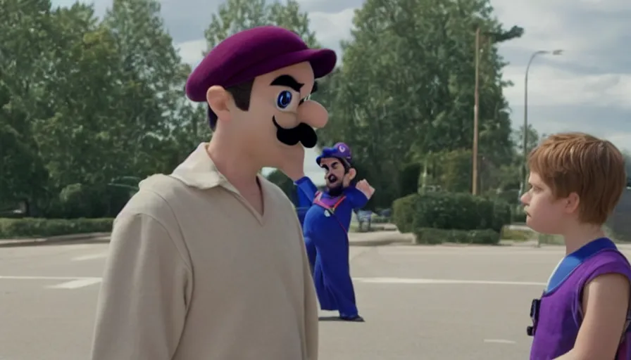 Image similar to still from a masterpiece A24 film: Waluigi going to therapy