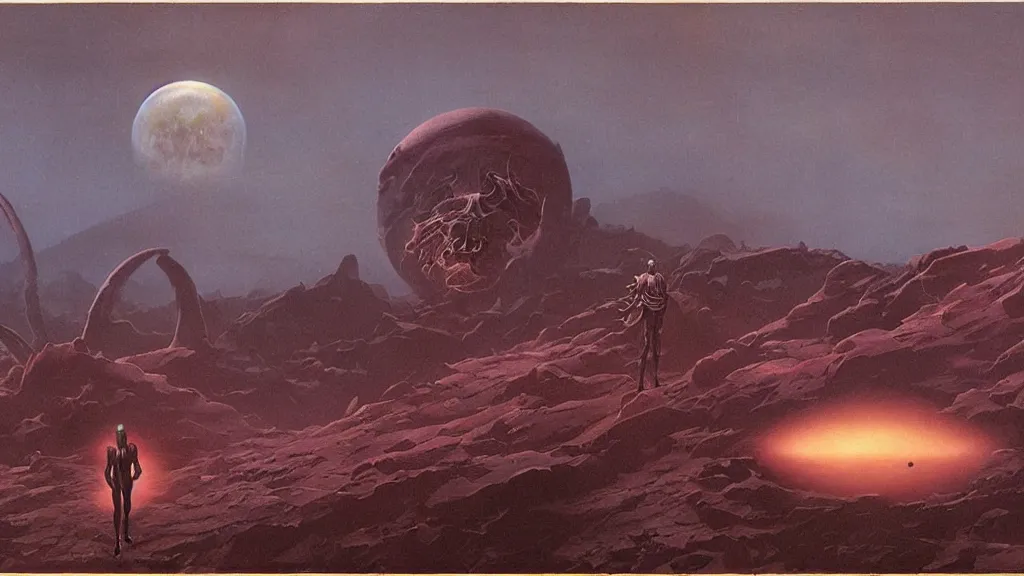 Image similar to eerie atmospheric evolving alien planet by gerald brom and vincent di fate, epic cinematic matte painting