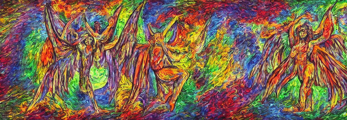 Image similar to elements of nature, angels and demons, hemp, bright colors, degenerate art