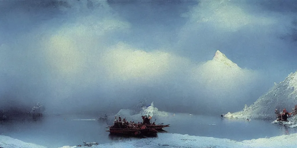 Prompt: Beautiful ice lake, snow, freezing, with a big zepelin in the sky, beautiful artwork detailed painting by Ivan Aivazovsky