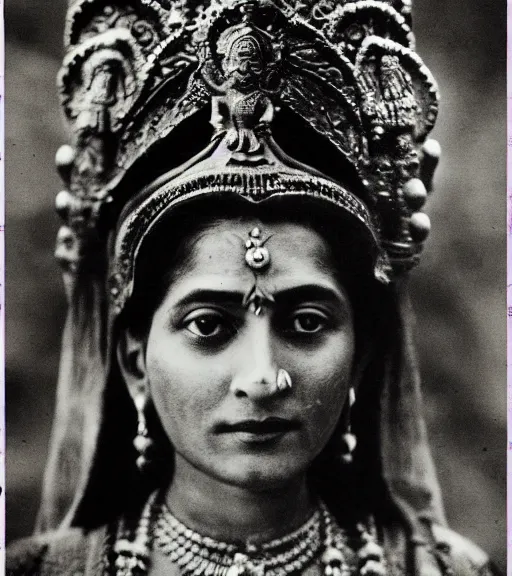Prompt: hindu goddess, ww1 film photo, grainy, high detail, high resolution