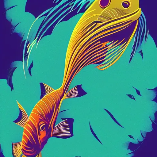 Image similar to one stylized fish, viewed in profile, dark ocean, complex patterns, artstation, intricate, realistic, highly detailed, digital painting, concept art, sharp focus, illustration by tom whalen and charles williams and kilian eng and james jean