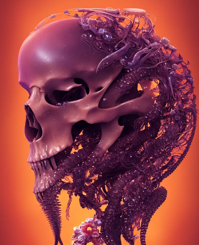 Image similar to goddess close-up portrait animal skull. jellyfish phoenix head, nautilus, orchid, skull, betta fish, bioluminiscent creatures, intricate artwork by Tooth Wu and wlop and beeple. octane render, trending on artstation, greg rutkowski very coherent symmetrical artwork. cinematic, hyper realism, high detail, octane render, 8k