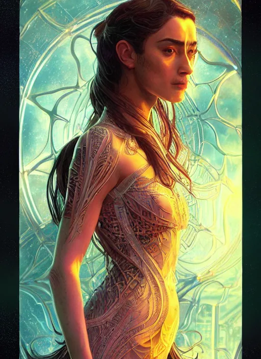 Image similar to altered carbon, Maya Ali as a sorceress, side view, tarot, sweat drops, fibonacci, insane, prismatic, intricate, highly detailed, digital painting, artstation, concept art, smooth, sharp focus, illustration, Unreal Engine 5, 8K, art by artgerm and greg rutkowski and alphonse mucha