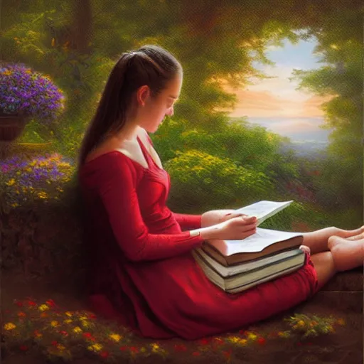 Prompt: a girl reading a book by Mark Keathley in the style of 2022 ai art