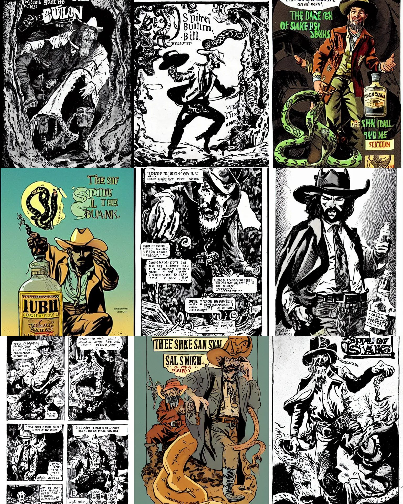 Prompt: the spirit of the snake oil salesman, a cowboy business druid sealed in a bottle at the beginning of the bull run by mike mignola