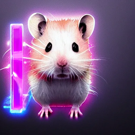 Image similar to cyberpunk hamster! holding rainbow! gem! crystal, neon lights, light reflection, logo, 8 k, hd