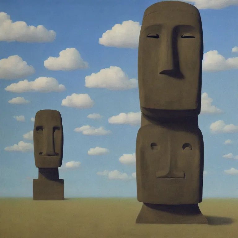 Image similar to portrait of a faceless moai - head man in a suit, clouds in the background, by rene magritte, detailed painting, distance, middle centered, hd, hq, high resolution, high detail, 4 k, 8 k