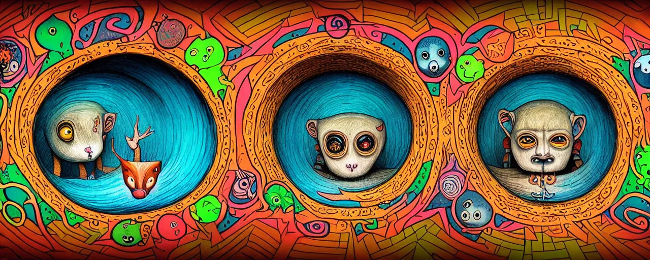 Image similar to deep ego - self axis tunnel with a strange whimsical wild creatures with endearing eyes, painted by ronny khalil