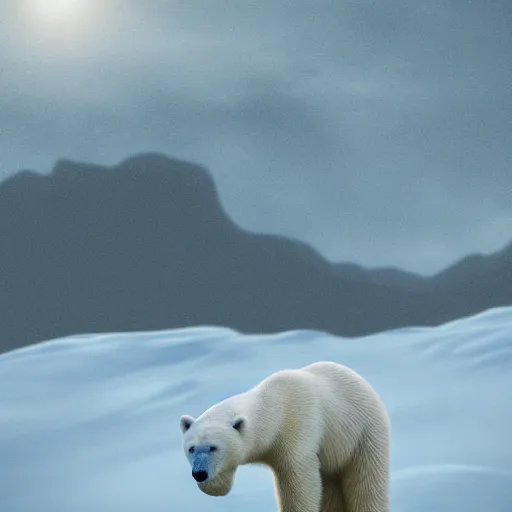 Image similar to a beautiful photo of a polar bear on a mountain, hyper realistic, natural light, concept art, cozy, atmospheric and cinematic lighting