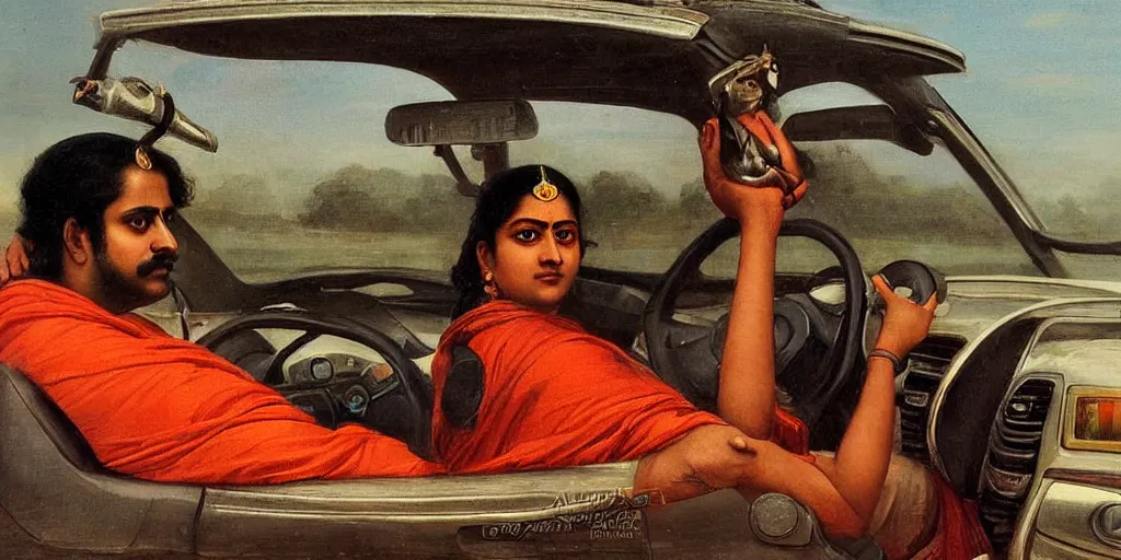 Image similar to man driving a car in the style of raja ravi varma, ultra detailed, high detail, realism,