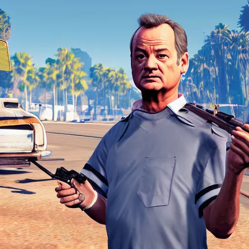 Prompt: bill murray as the protagonist of gta 5, screenshot