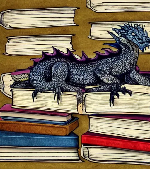 Prompt: A dragon sleeping on a huge pile of books, by Jody A Lee.