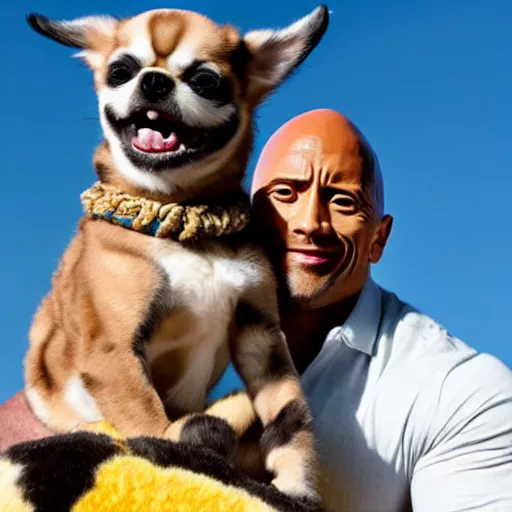 Image similar to photo of dwayne johnson riding a giant chihuaha, highly - detailed, sharp focus, award - winning