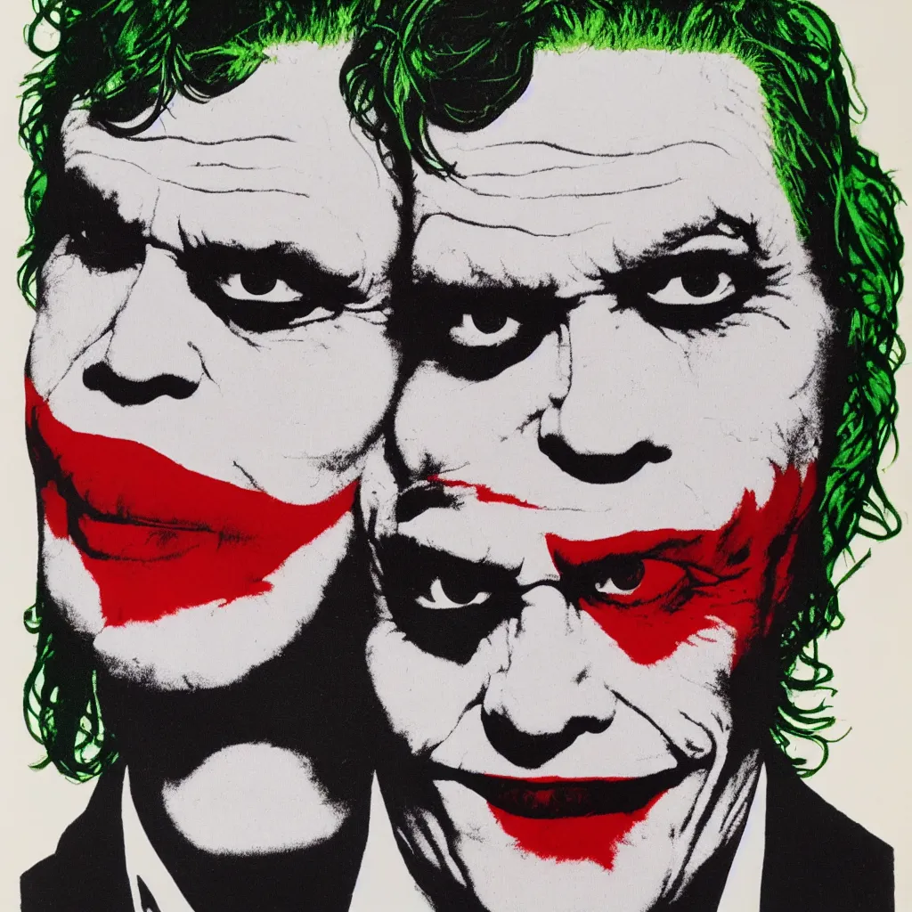 Image similar to individual silk screen portrait of the joker by andy warhol