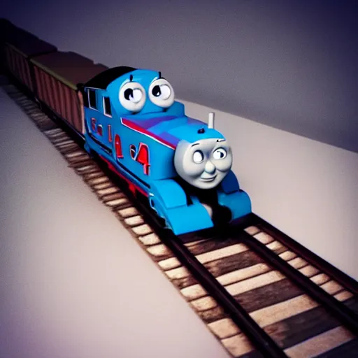 Image similar to Scary Thomas the Train with its glowing eyes at night ,grey and dark theme,creepy,gloomy