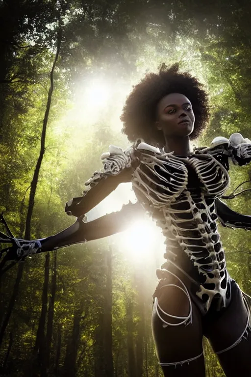 Image similar to hyperrealistic gorgeous black woman highly detailed exoskeleton bone armor in a forest sun behind her god rays concept art eric zener elson peter dramatic light low angle hd 8k sharp focus
