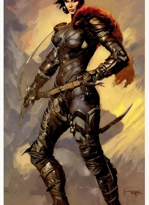 Image similar to portrait of strong female ranger, beautiful! coherent! by frank frazetta, by brom, strong line, deep color, leather armor, short buzzed hair, high contrast