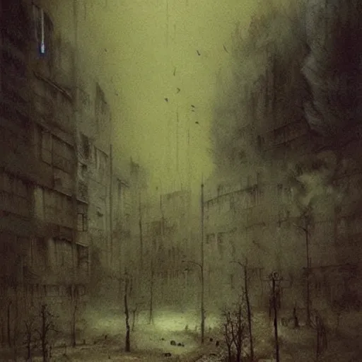 Prompt: sebilj in post - apocalyptic sarajevo, smoke and ash, painting by beksinski