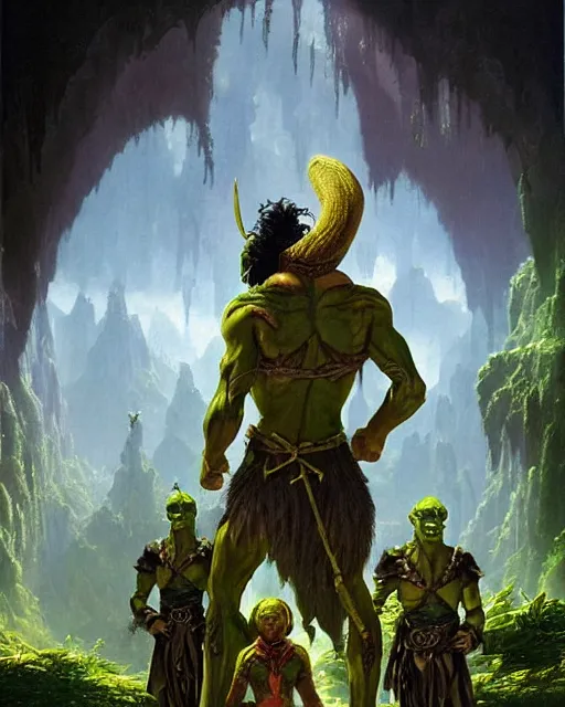 Image similar to epic fantasy full cast movie poster starring a peasant with green skin and an angry orc warrior and a pretty elf spy and a backdrop of an orc army and planets realistic oil painting by Thomas Cole and Wayne Barlowe