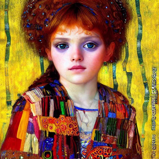 Prompt: painting of vivid colors italian child in girl of a gustav klimt wallpaper by android jones detailed matte painting 8 k