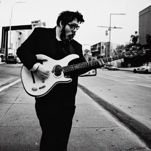 Image similar to John Flansburgh on guitar, Los Angeles, 2019. CineStill, monochrome.