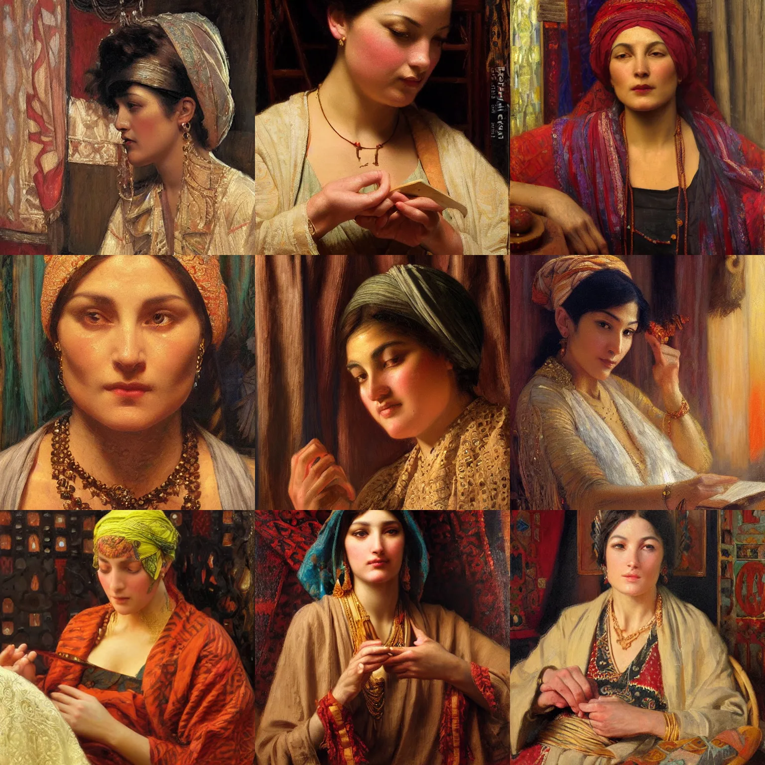 Prompt: orientalism face detail of a beautiful fortuneteller by edwin longsden long and theodore ralli and nasreddine dinet and adam styka, masterful intricate art. oil on canvas, excellent lighting, high detail 8 k