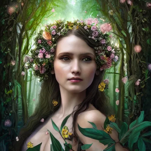 Prompt: a picture of a beautiful woman clothed in flowers and leaves standing in an enchanted forest, high fantasy, elegant, epic, detailed, intricate, digital painting, concept art, realistic detailed face, smooth, focus, rim light, detailed 8 5 mm f / 1. 4, anamorphic lens