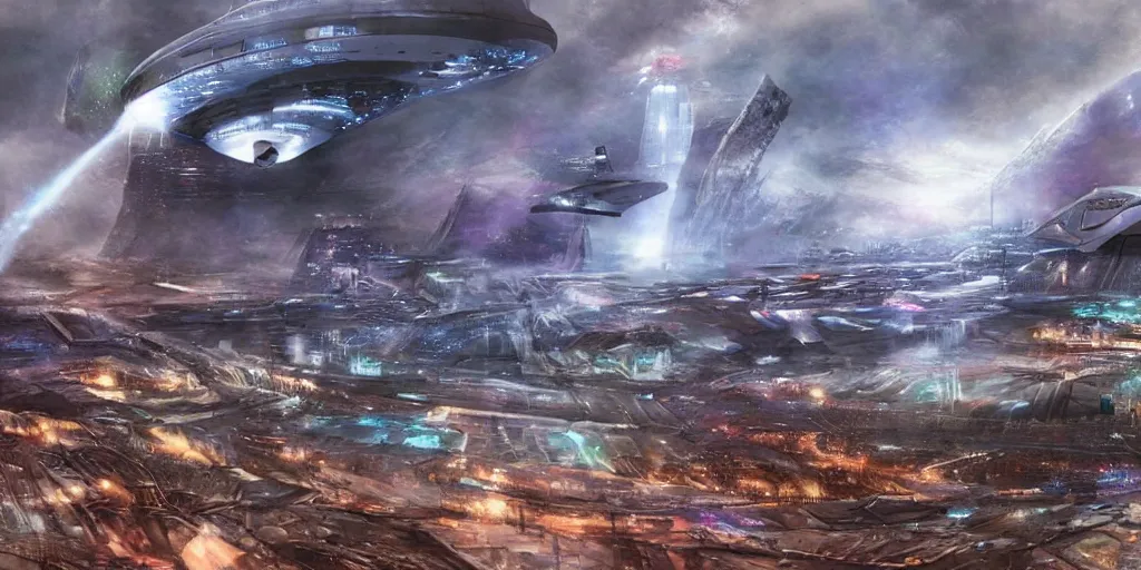 Image similar to future forest city attacked by spaceship, star trek, concept art, ice mist, glory war,