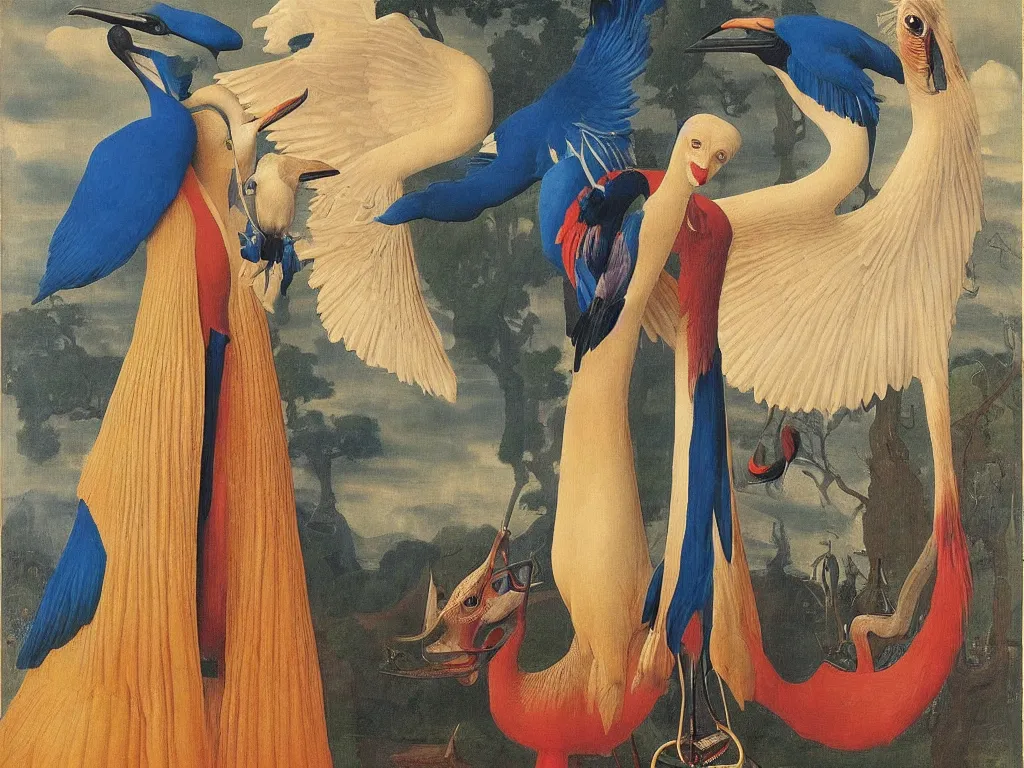 Image similar to Portrait of albino mystic with blue eyes, with exotic beautiful crane. Painting by Jan van Eyck, Audubon, Rene Magritte, Agnes Pelton, Max Ernst, Walton Ford