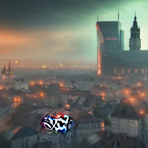 Image similar to Futuristic Cyberpunk Cracow town Poland from future star wars, dramatic lighting , insanely detailed, art station, 8K HD resolution , dramatic lighting, thunders