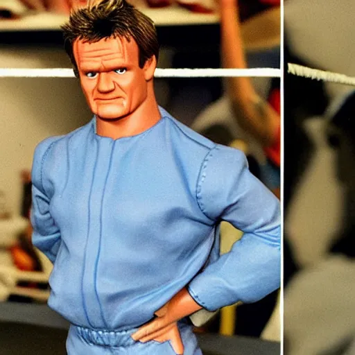 Image similar to gordon ramsey as a 1 9 8 0 s wrestling action figure, magazine photo