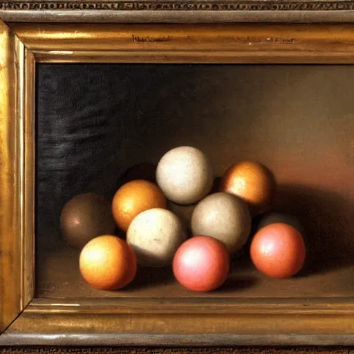 Image similar to a basket of orbs of various sizes, dutch still life painting