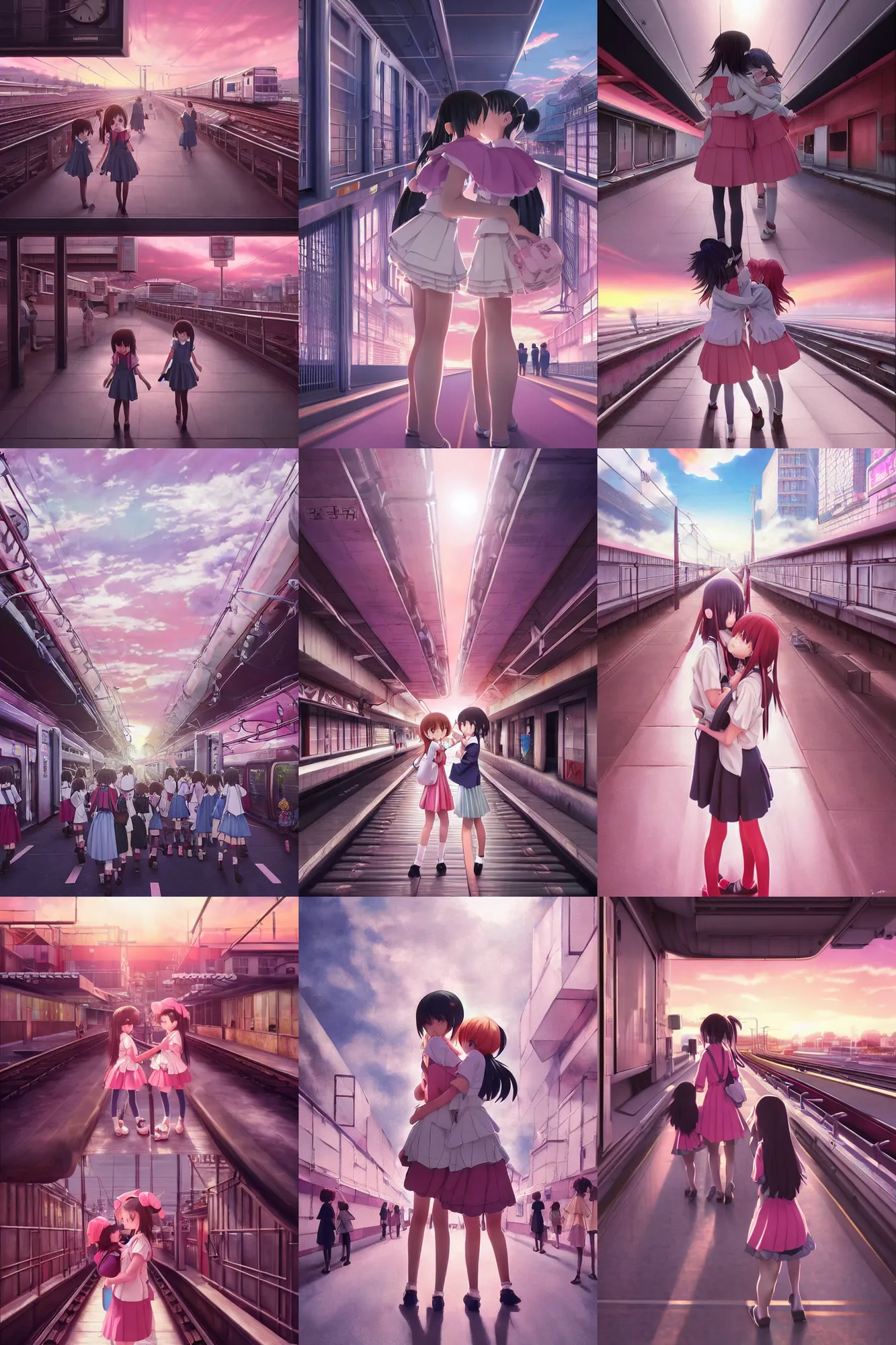 Prompt: Ultra realistic 3d illustration, cute 3d anime schoolgirls hugging each other on huge japanese elevated subway at dark pink sunset. fantasy, elegant, dramatic light, trending on artstation, smooth, sharp focus, illustration, art by hiro kiyohara and hayao miyazaki oil painting