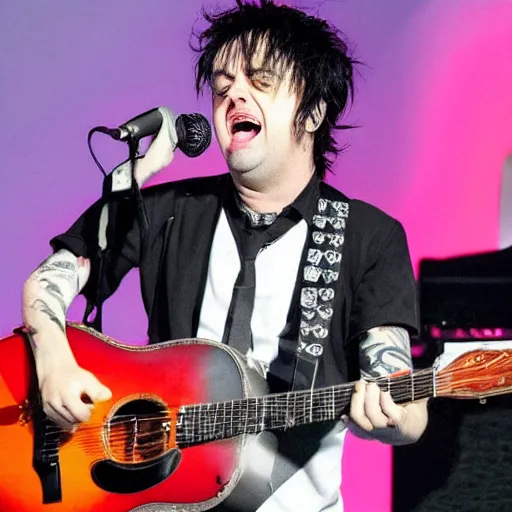 Prompt: Billie Joe from Green Day is singing into a pickle instead of a microphone, tabloid photo