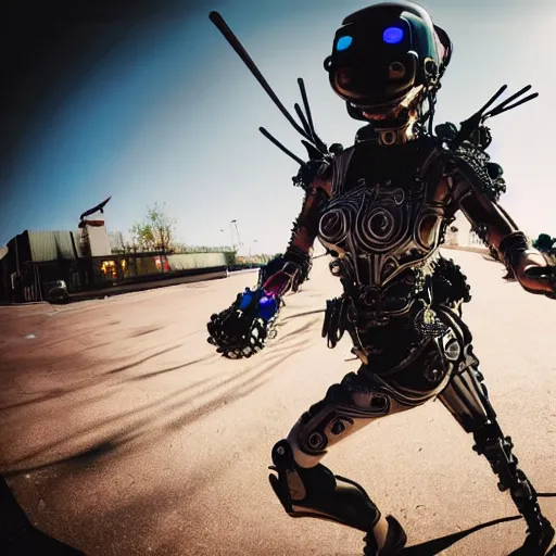 Image similar to gopro pov of a woman warrior wearing intricate biomechanical scifi cyberpunk helmet running motion blur