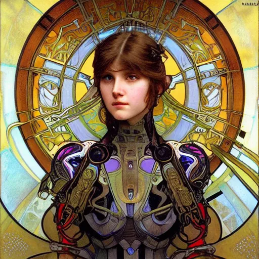 Prompt: realistic detailed 14-year old girl wearing future cybernetic battle armor by Alphonse Mucha, Moebius, Davinci, Donato Giancola, Art Nouveau, Neo-Gothic, gothic, rich deep colors