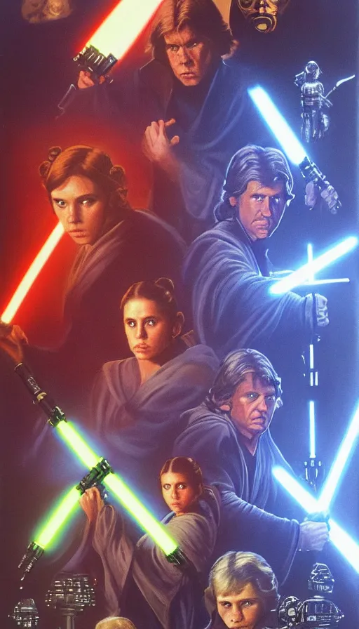 Prompt: poster artwork for the lost jedi star wars unreleased film from 1 9 8 6 featuring portraits luke skywalker, princess leia and han solo montage, an evil female sith lord looms in the background, planets and space battle, moody painting by drew struzan, beautiful backlit, epic award winning, artstation, extremely detailed, photorealistic, 4 k