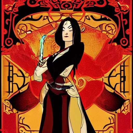 Image similar to red, gold, and black art nouveau movie poster of Princess Azula