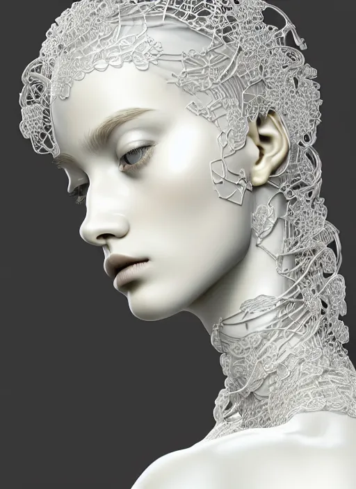 Image similar to complex 3d render ultra detailed of a beautiful porcelain profile young woman face, biomechanical cyborg, 150 mm lens, beautiful studio soft light, rim light, silver white gold details, magnolia big monochromatic lemon leaves and stems, roots, fine foliage lace, mesh wire, Alexander Mcqueen high fashion haute couture, art nouveau fashion embroidered, stteampunk, intricate details, hyper realistic, ultra detailed, mandelbrot fractal, anatomical, facial muscles, cable wires, microchip, elegant, octane render, H.R. Giger style, volumetric lighting, 8k post-production