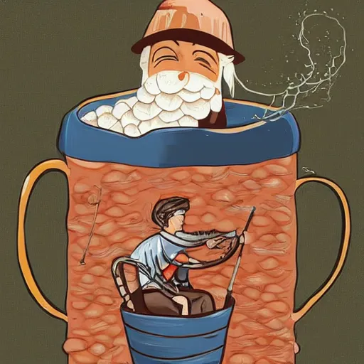 Image similar to a fisherman relaxing in a giant hot chocolate mug,digital art