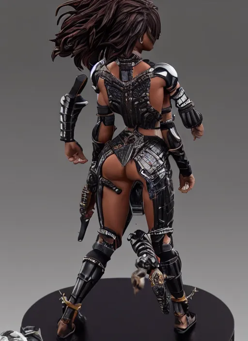 Prompt: 80mm resin detailed miniature of a beautiful muscular black female, clothed in worrier armor, brown skin, short dark hair, beautiful bone structure, symmetrical facial features, Product Introduction Photos, 4K, Full body, view from behind