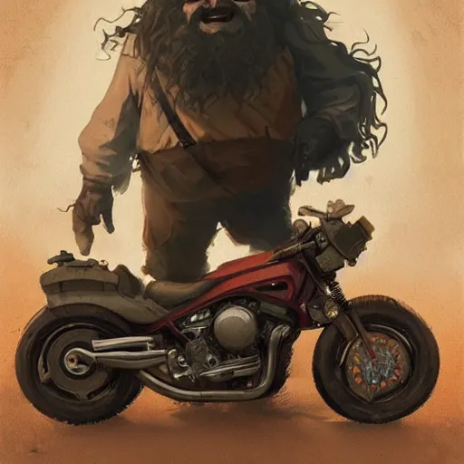 Image similar to Hagrid on his motorcycle ,Greg rutkowski, Trending artstation, cinematográfica, digital Art