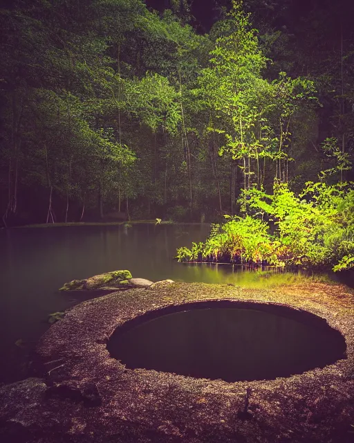 Prompt: a mystical pond in the middle of a lush forest at night during an eclipse, minimalist design, dark and dim lighting, beautiful, tranquil, moody, cinematic, fantasy, 3 5 mm lens, volumetric lighting, first person view, photographic render, hyper realistic